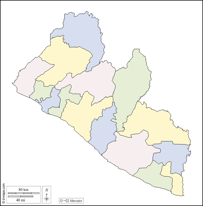 Liberia : d-maps.com: free map, free blank map, free outline map, free base map : outline, counties, color, white