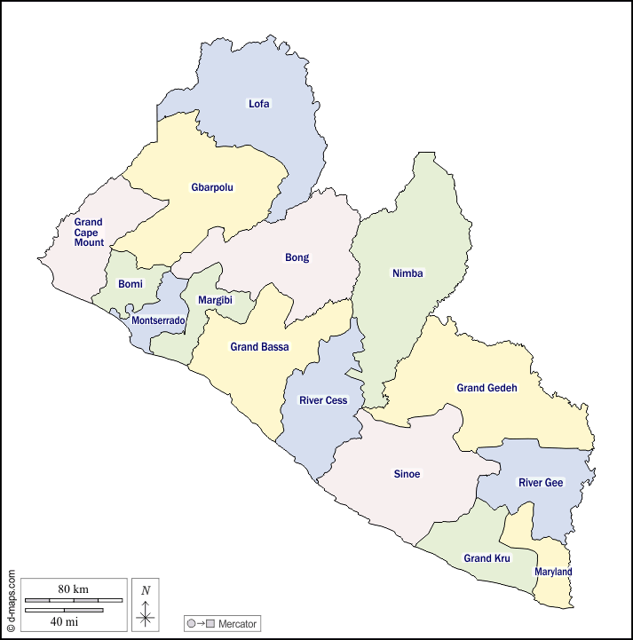 लाइबेरिया : d-maps.com: नि: शुल्क मानचित्र, नि: शुल्क रिक्त नक्शा, नि: शुल्क रूपरेखा मानचित्र, नि: शुल्क आधार मानचित्र
 : बाह्यरेखा, काउंटियों, नाम, रंग, सफेद