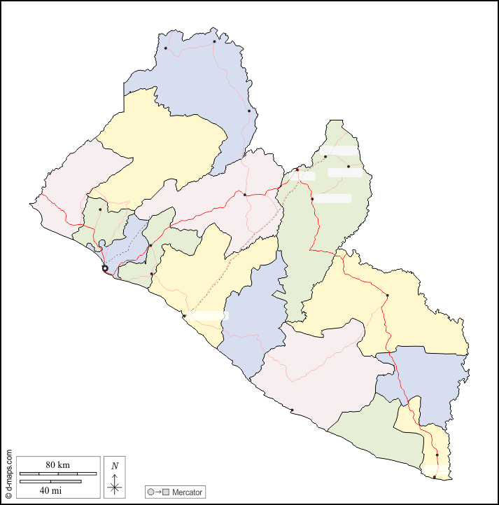 लाइबेरिया : d-maps.com: नि: शुल्क मानचित्र, नि: शुल्क रिक्त नक्शा, नि: शुल्क रूपरेखा मानचित्र, नि: शुल्क आधार मानचित्र
 : बाह्यरेखा, काउंटियों, मुख्य शहरों, सड़कों, रंग, सफेद