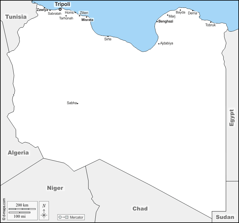Libia : d-maps.com: mappa gratuita, mappa muta gratuita, cartina muta gratuita : frontiere, principali città, nomi