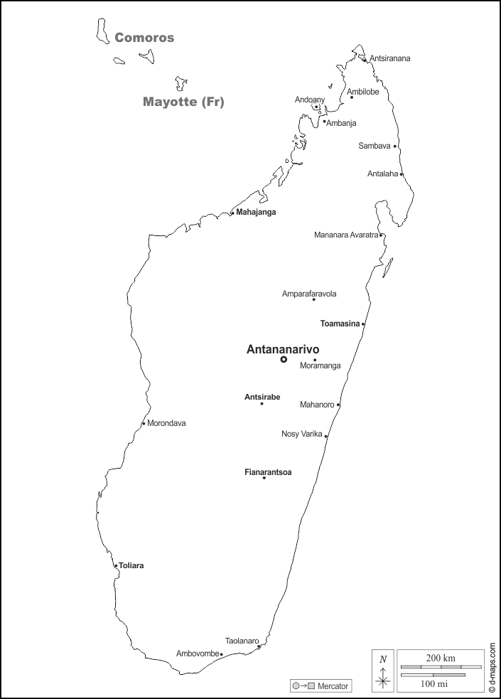 Madagaskar : d-maps.com: Kostenlose Karten, kostenlose stumme Karte, kostenlose unausgefüllt Landkarte, kostenlose hochauflösende Umrisskarte : Grenzen, Wichtige Städte, Namen, weiß