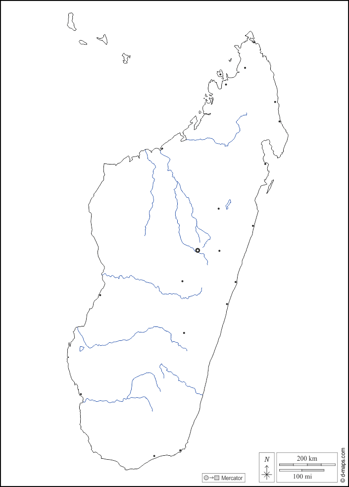 Madagascar : d-maps.com: mappa gratuita, mappa muta gratuita, cartina muta gratuita : frontiere, idrografia, principali città, bianco