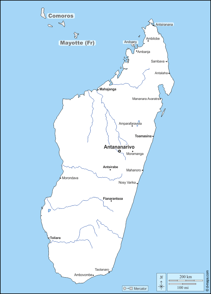 Madagascar : d-maps.com: mappa gratuita, mappa muta gratuita, cartina muta gratuita : frontiere, idrografia, principali città, nomi