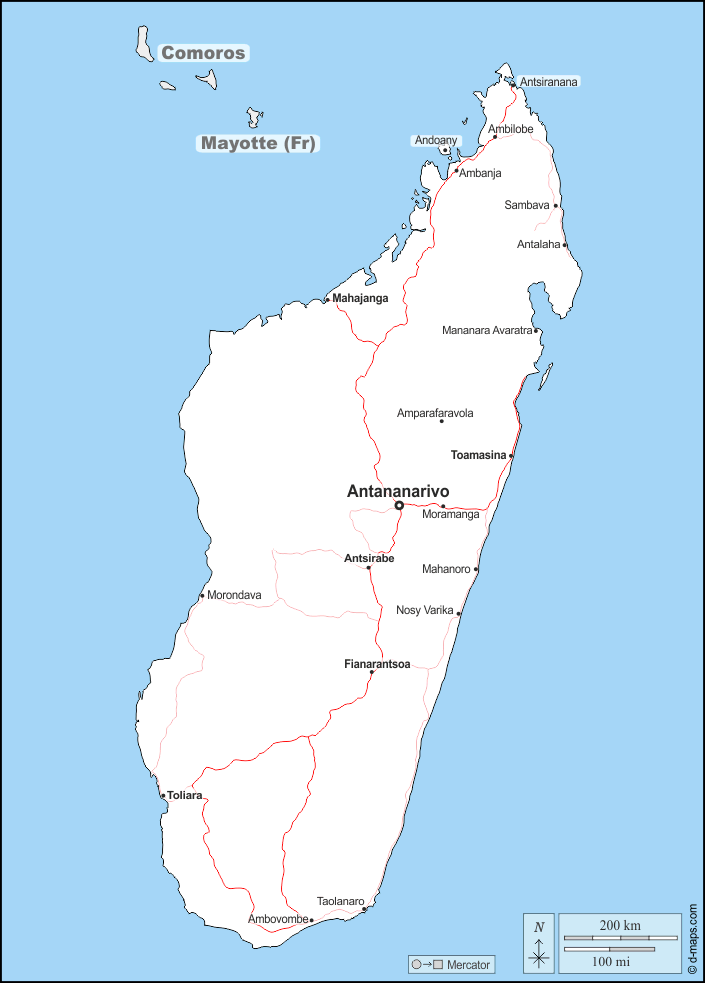 Madagascar : d-maps.com: mappa gratuita, mappa muta gratuita, cartina muta gratuita : frontiere, principali città, strade, nomi