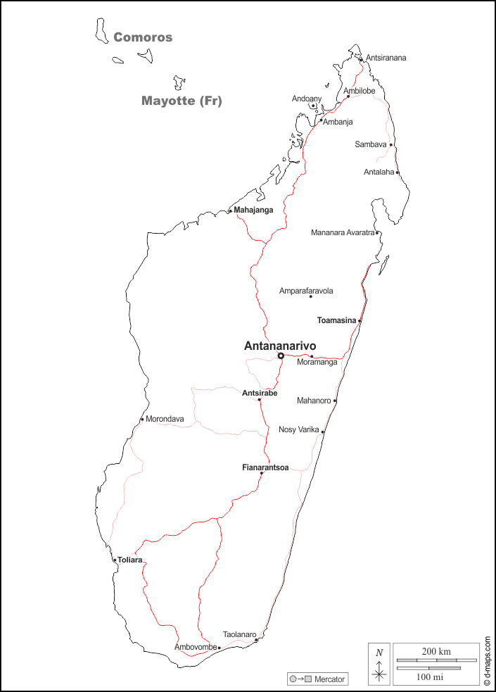 Madagascar : d-maps.com: mappa gratuita, mappa muta gratuita, cartina muta gratuita : frontiere, principali città, strade, nomi, bianco