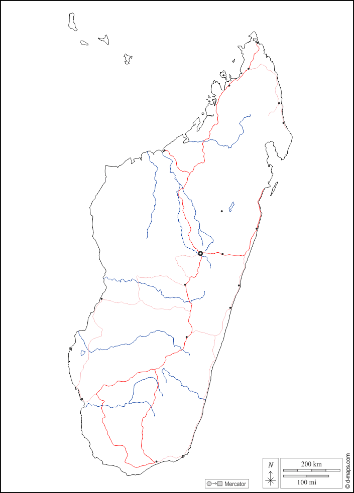 Madagascar : d-maps.com: mappa gratuita, mappa muta gratuita, cartina muta gratuita : frontiere, idrografia, principali città, strade, bianco