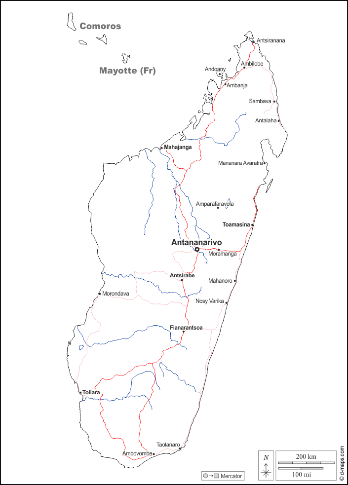 Madagascar : d-maps.com: mappa gratuita, mappa muta gratuita, cartina muta gratuita : frontiere, idrografia, principali città, strade, nomi, bianco