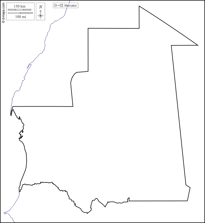 Mauritania : d-maps.com: mappa gratuita, mappa muta gratuita, cartina muta gratuita : litorali, limiti, bianco