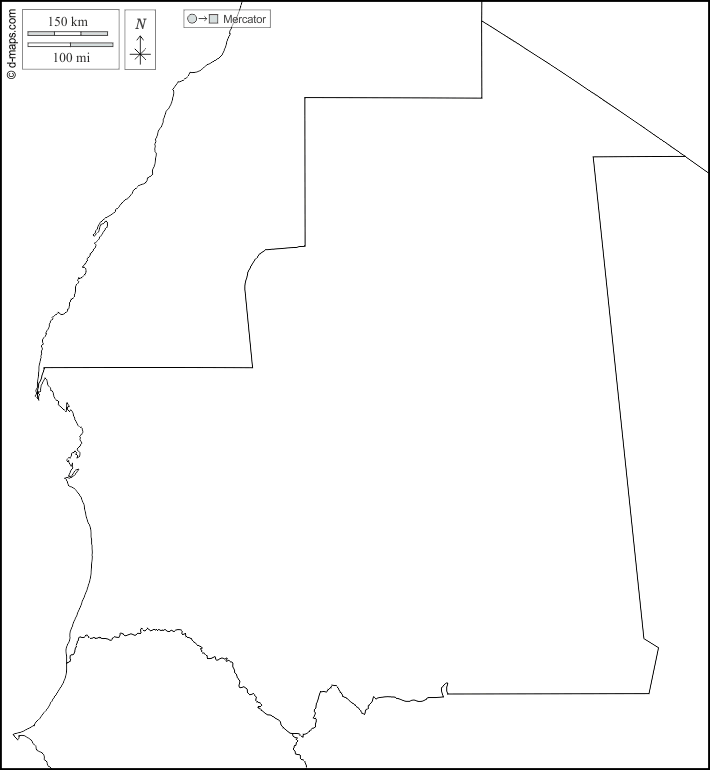 Mauritania : d-maps.com: mappa gratuita, mappa muta gratuita, cartina muta gratuita : frontiere, bianco