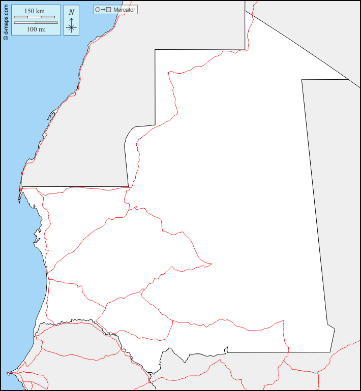 Mauritania : d-maps.com: mappa gratuita, mappa muta gratuita, cartina muta gratuita : frontiere, strade