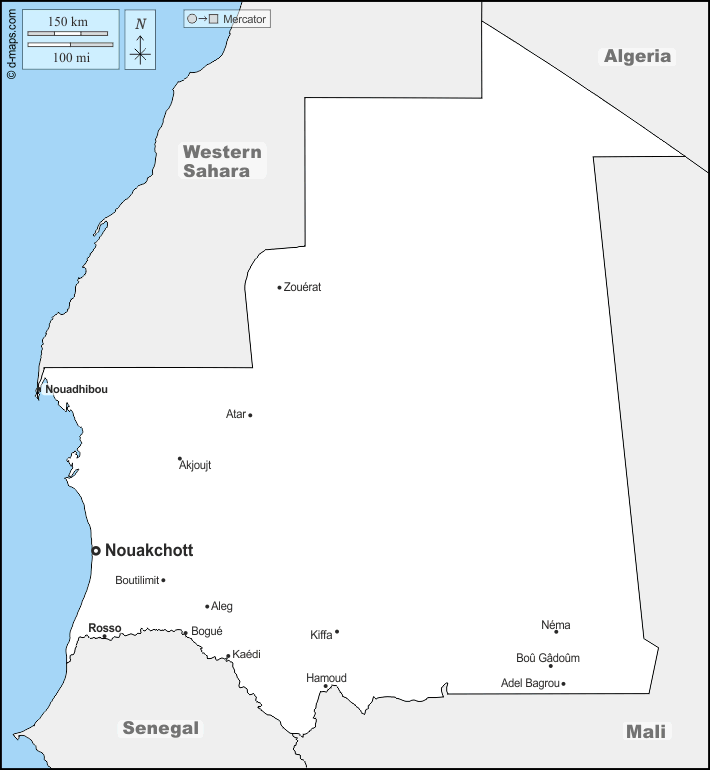 Mauritania : d-maps.com: mappa gratuita, mappa muta gratuita, cartina muta gratuita : frontiere, principali città, nomi