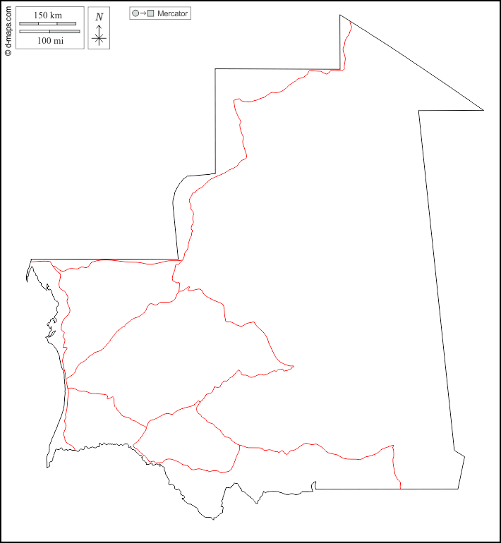 Mauritania : d-maps.com: mappa gratuita, mappa muta gratuita, cartina muta gratuita : contorni, strade, bianco