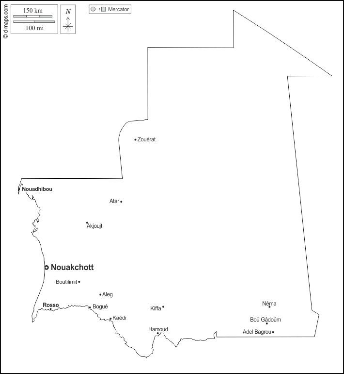 Mauritania : d-maps.com: mappa gratuita, mappa muta gratuita, cartina muta gratuita : contorni, principali città, nomi, bianco