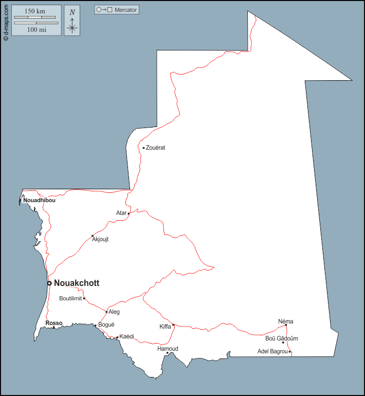 Mauritania : d-maps.com: mappa gratuita, mappa muta gratuita, cartina muta gratuita : contorni, principali città, strade, nomi