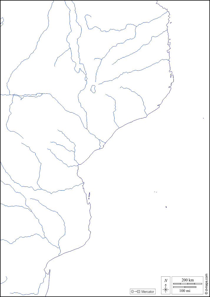 Mozambico : d-maps.com: mappa gratuita, mappa muta gratuita, cartina muta gratuita : litorali, idrografia, bianco