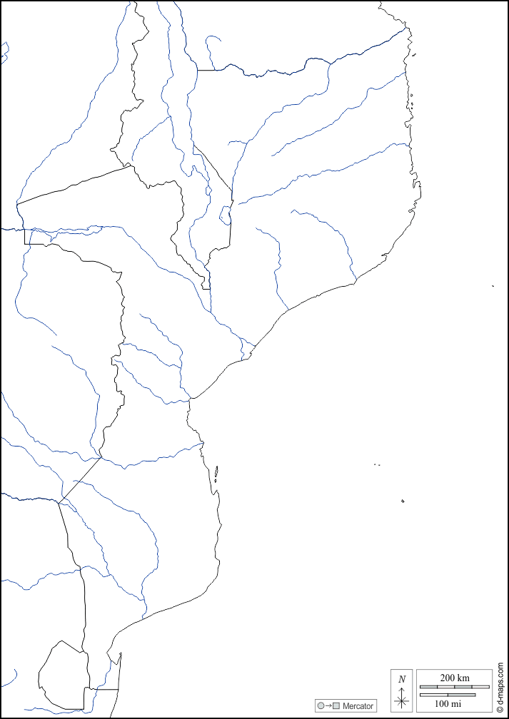 Mozambico : d-maps.com: mappa gratuita, mappa muta gratuita, cartina muta gratuita : frontiere, idrografia, bianco