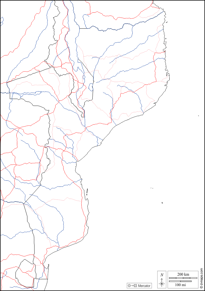 Mozambico : d-maps.com: mappa gratuita, mappa muta gratuita, cartina muta gratuita : frontiere, idrografia, strade, bianco