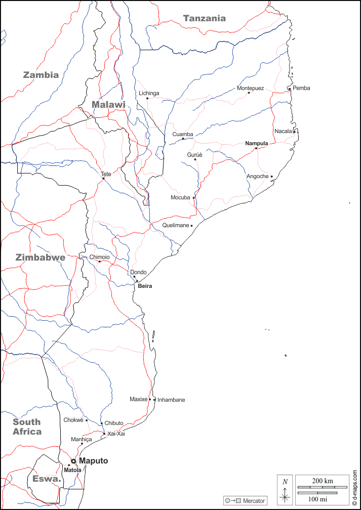 Mozambico : d-maps.com: mappa gratuita, mappa muta gratuita, cartina muta gratuita : frontiere, idrografia, principali città, strade, nomi, bianco