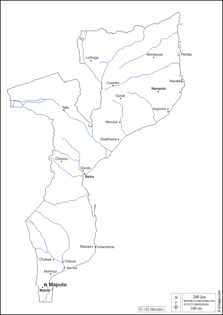 Mozambico : d-maps.com: mappa gratuita, mappa muta gratuita, cartina muta gratuita : contorni, idrografia, principali città, nomi, bianco
