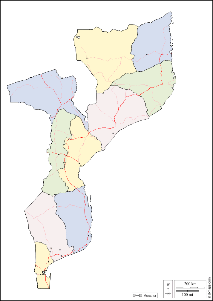 Mozambico : d-maps.com: mappa gratuita, mappa muta gratuita, cartina muta gratuita : contorni, province, principali città, strade, colore, bianco