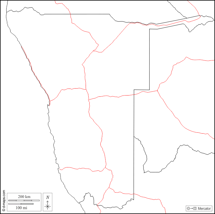 Namibia : d-maps.com: mappa gratuita, mappa muta gratuita, cartina muta gratuita : frontiere, strade, bianco