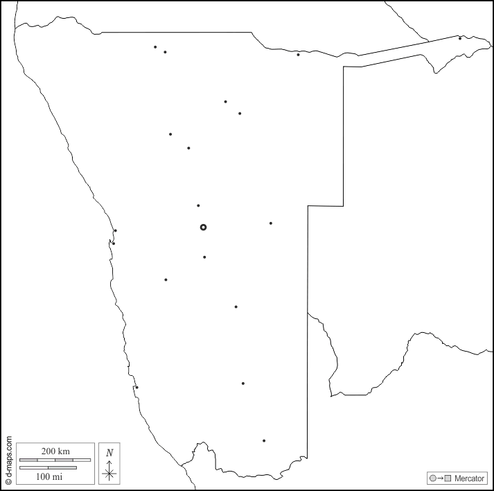 Namibia : d-maps.com: Kostenlose Karten, kostenlose stumme Karte, kostenlose unausgefüllt Landkarte, kostenlose hochauflösende Umrisskarte : Grenzen, Wichtige Städte, weiß