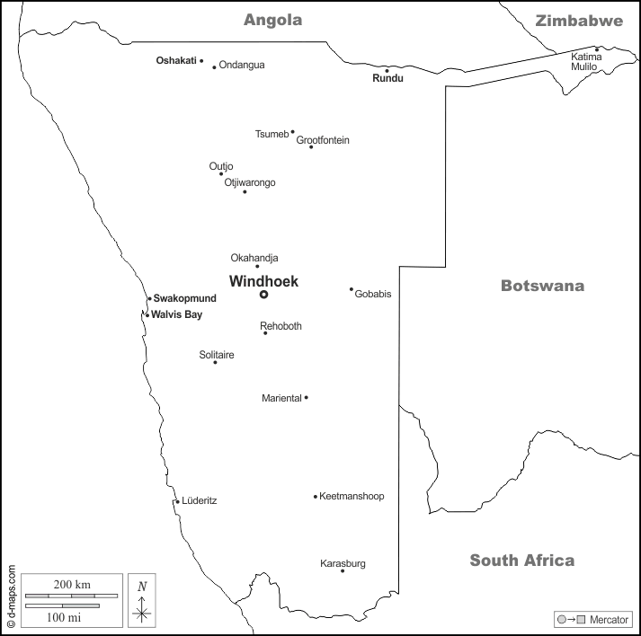 Namibia : d-maps.com: mappa gratuita, mappa muta gratuita, cartina muta gratuita : frontiere, principali città, nomi, bianco