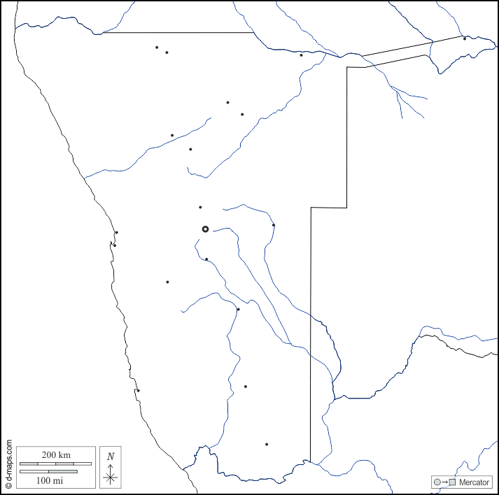 Namibia : d-maps.com: mappa gratuita, mappa muta gratuita, cartina muta gratuita : frontiere, idrografia, principali città, bianco