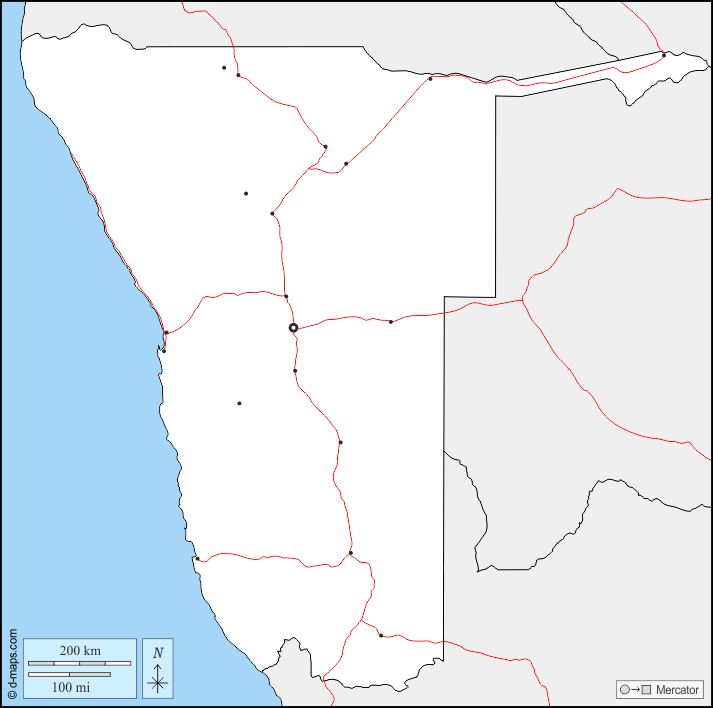 Namibia : d-maps.com: mappa gratuita, mappa muta gratuita, cartina muta gratuita : frontiere, principali città, strade