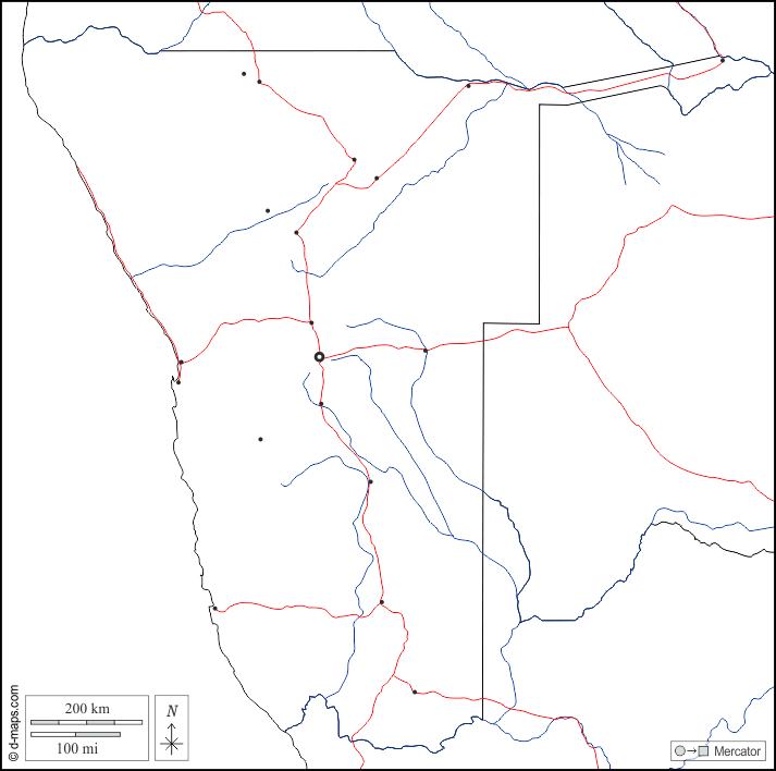 Namibia : d-maps.com: mappa gratuita, mappa muta gratuita, cartina muta gratuita : frontiere, idrografia, principali città, strade, bianco
