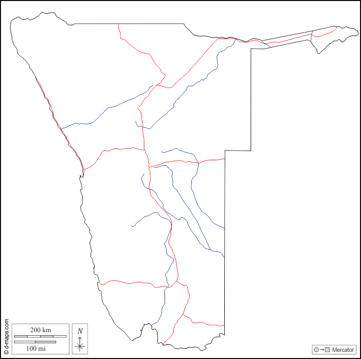 Namibia : d-maps.com: Kostenlose Karten, kostenlose stumme Karte, kostenlose unausgefüllt Landkarte, kostenlose hochauflösende Umrisskarte : Umrisse, Hydrografie, Straßen, weiß