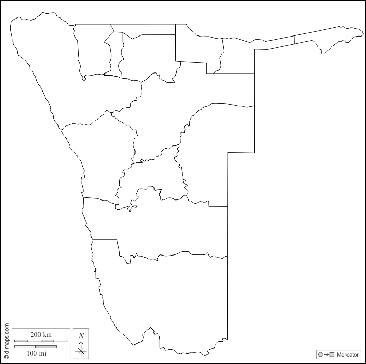 Namibia : d-maps.com: Kostenlose Karten, kostenlose stumme Karte, kostenlose unausgefüllt Landkarte, kostenlose hochauflösende Umrisskarte : Umrisse, Regionen, weiß