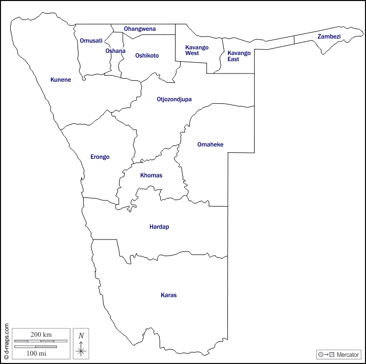 Namibia : d-maps.com: Kostenlose Karten, kostenlose stumme Karte, kostenlose unausgefüllt Landkarte, kostenlose hochauflösende Umrisskarte : Umrisse, Regionen, Namen, weiß