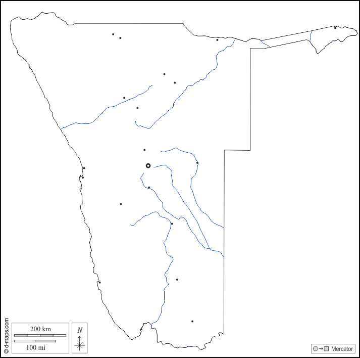 Namibia : d-maps.com: mappa gratuita, mappa muta gratuita, cartina muta gratuita : contorni, idrografia, principali città, bianco