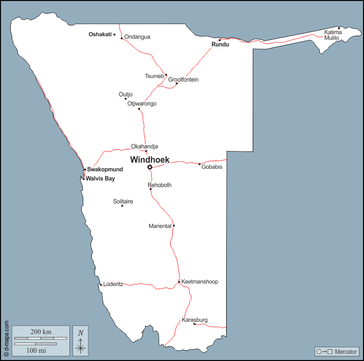 Namibia : d-maps.com: Kostenlose Karten, kostenlose stumme Karte, kostenlose unausgefüllt Landkarte, kostenlose hochauflösende Umrisskarte : Umrisse, Wichtige Städte, Straßen, Namen