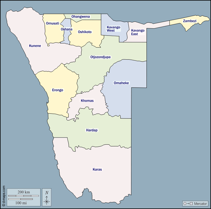 Namibia : d-maps.com: mappa gratuita, mappa muta gratuita, cartina muta gratuita : contorni, regioni, nomi, colore