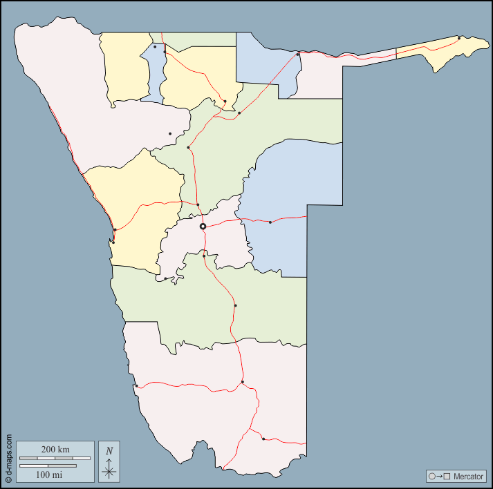 Namibia : d-maps.com: mappa gratuita, mappa muta gratuita, cartina muta gratuita : contorni, regioni, principali città, strade, colore