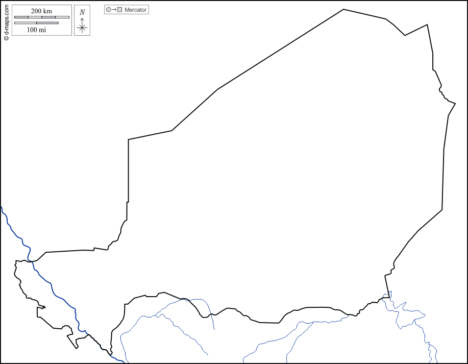 Niger : d-maps.com: mappa gratuita, mappa muta gratuita, cartina muta gratuita : litorali, limiti, idrografia, bianco