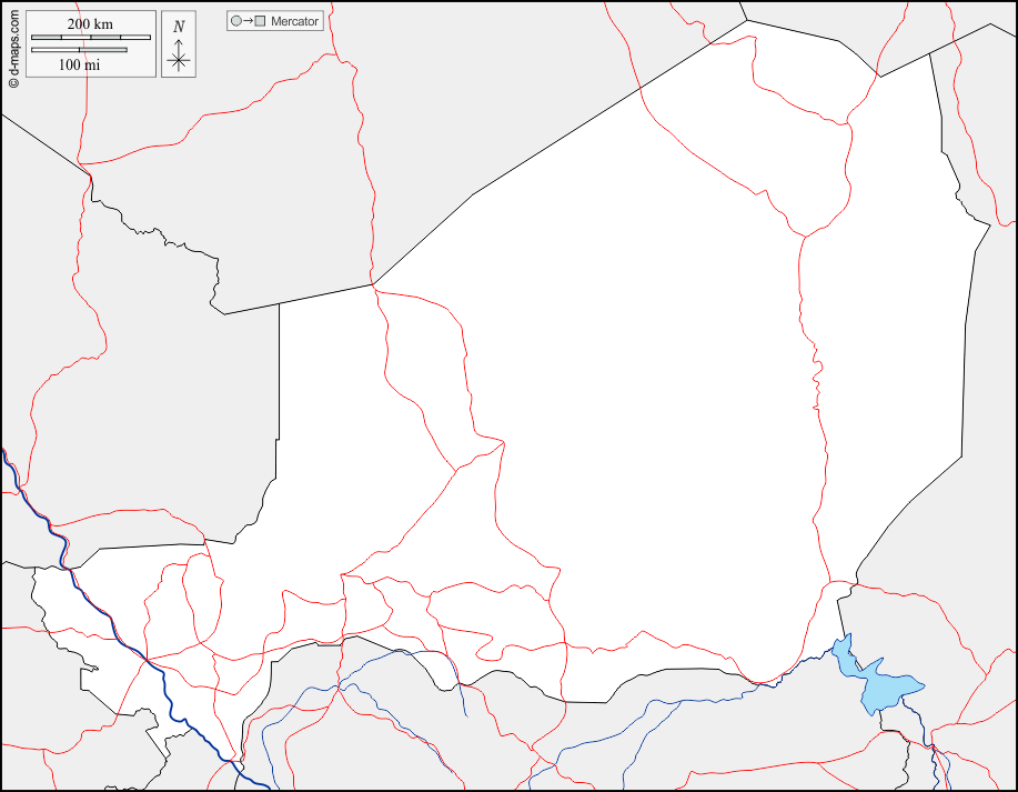 Niger : d-maps.com: mappa gratuita, mappa muta gratuita, cartina muta gratuita : frontiere, idrografia, strade