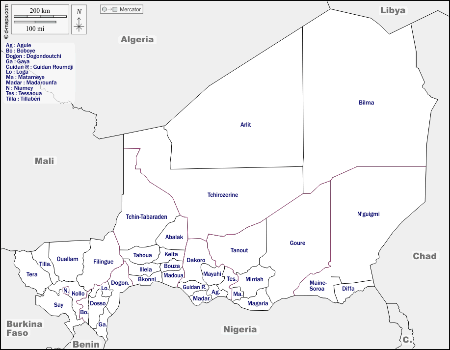 Niger : d-maps.com: mappa gratuita, mappa muta gratuita, cartina muta gratuita : frontiere, dipartimenti, nomi