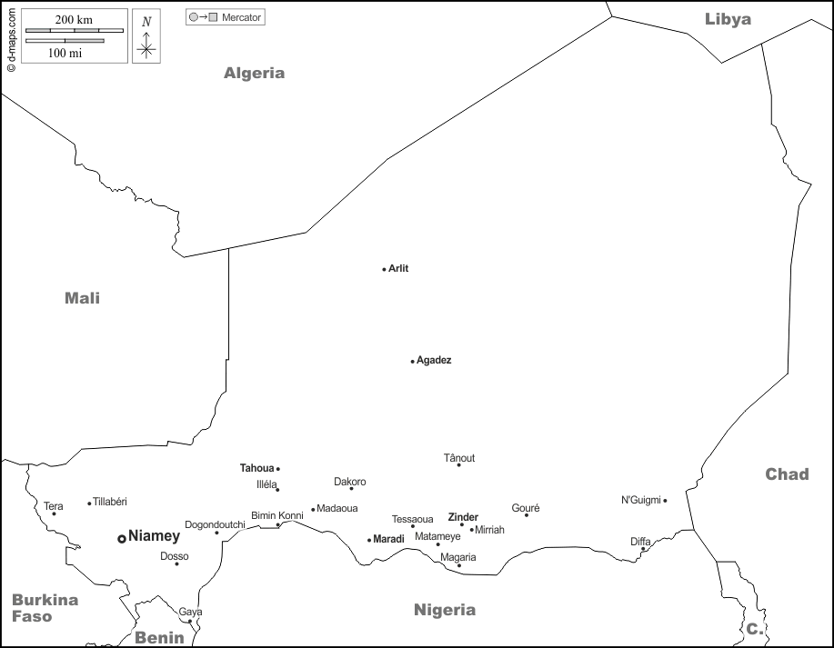 Niger : d-maps.com: mappa gratuita, mappa muta gratuita, cartina muta gratuita : frontiere, principali città, nomi, bianco