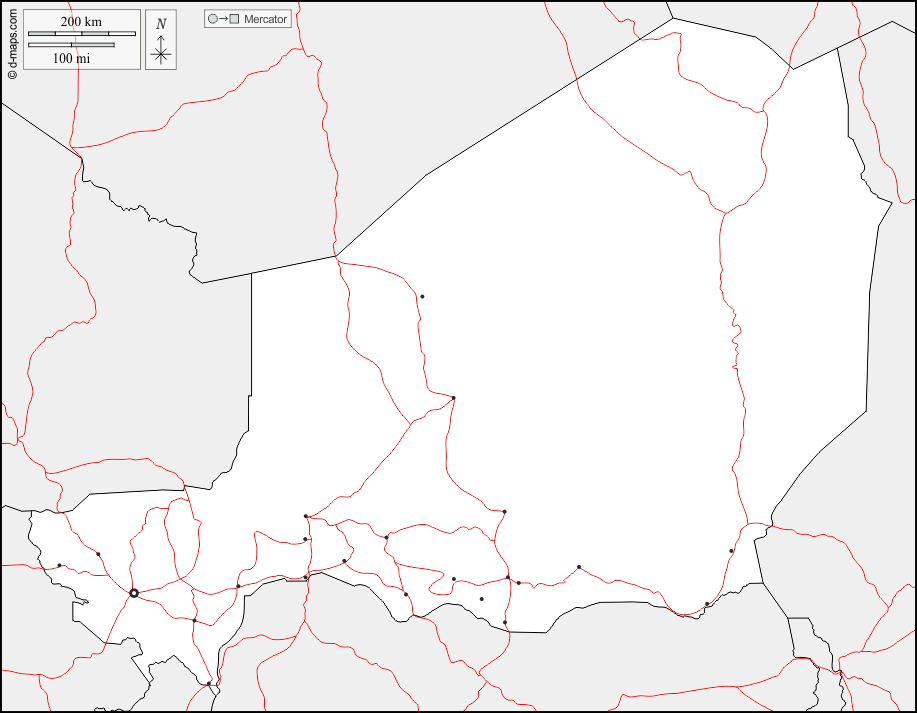 Niger : d-maps.com: Kostenlose Karten, kostenlose stumme Karte, kostenlose unausgefüllt Landkarte, kostenlose hochauflösende Umrisskarte : Grenzen, Wichtige Städte, Straßen