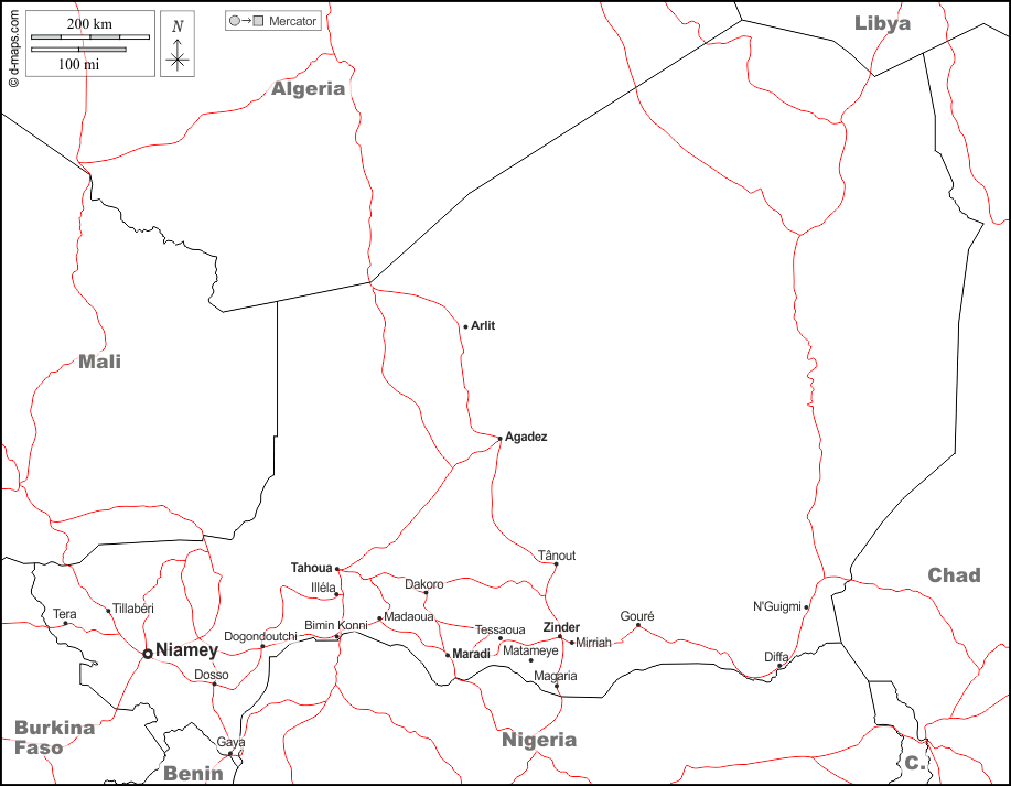 Niger : d-maps.com: mappa gratuita, mappa muta gratuita, cartina muta gratuita : frontiere, principali città, strade, nomi, bianco