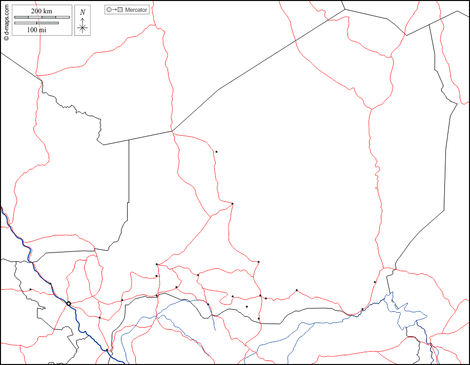 النيجر : خريطة مجانية, خريطة خاليه من الفراغ, خريطة الخطوط العريضة, خريطة القاعدة الحرة
 : حدود, هيدروغرافيا, المدن الرئيسية, الطرق, أبيض