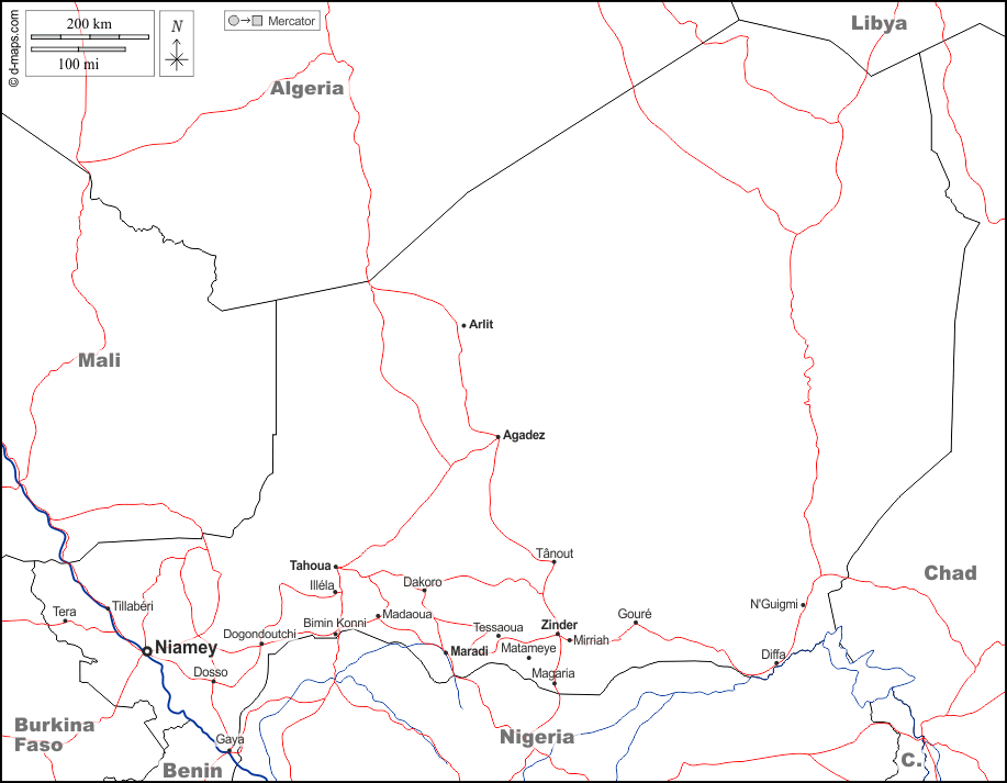 النيجر : خريطة مجانية, خريطة خاليه من الفراغ, خريطة الخطوط العريضة, خريطة القاعدة الحرة
 : حدود, هيدروغرافيا, المدن الرئيسية, الطرق, أسماء, أبيض