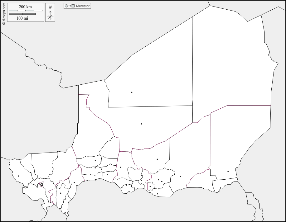 Niger : d-maps.com: mappa gratuita, mappa muta gratuita, cartina muta gratuita : frontiere, dipartimenti, principali città