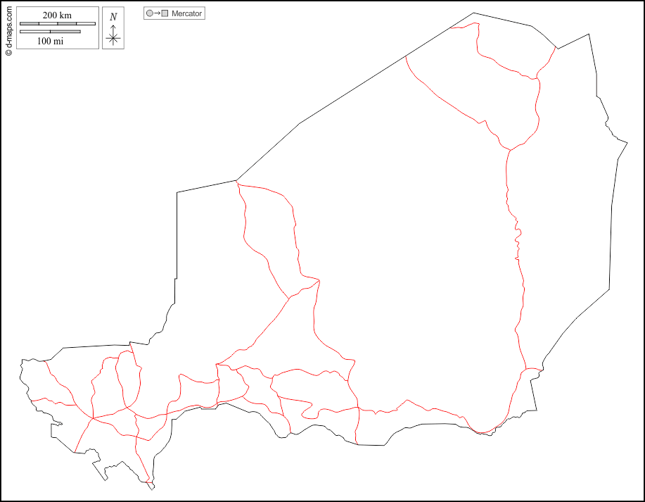 Niger : d-maps.com: free map, free blank map, free outline map, free base map : outline, roads, white