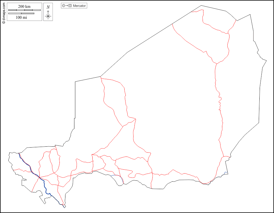 Niger : d-maps.com: free map, free blank map, free outline map, free base map : outline, hydrography, roads, white