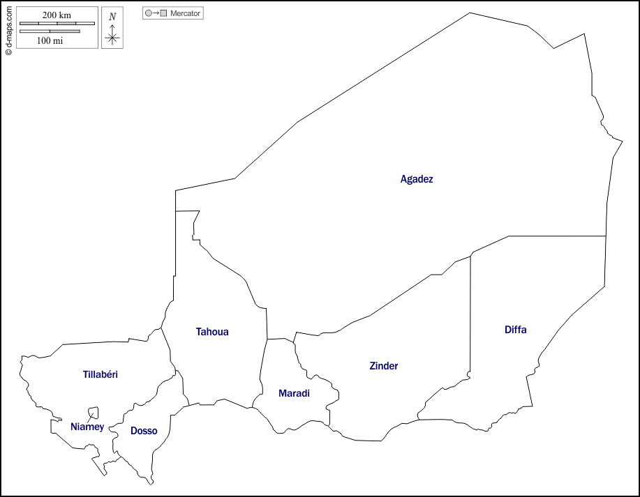 Niger : d-maps.com: mapa livre, mapa em branco livre, mapa livre do esboço, mapa básico livre
 : contornos, regiões, nomes, branco