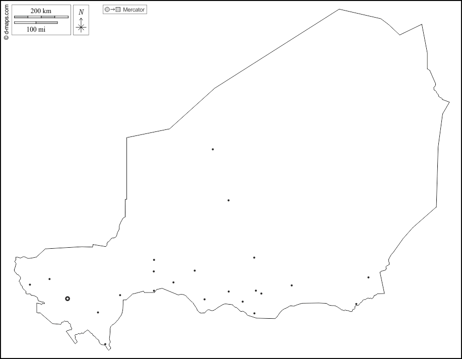 尼日尔 : d-maps.com: 免费地图, 免费的空白地图, 免费的轮廓地图, 免费基地地图 : 大纲, 主要城市, 白